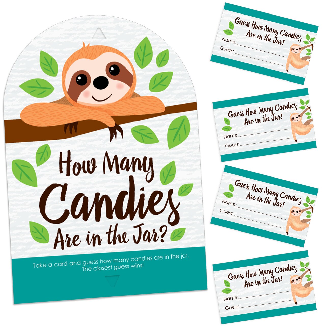 Big Dot of Happiness Let’s Hang - Sloth - How Many Candies Baby Shower or Birthday Party Game - 1 Stand and 40 Cards - Candy Guessing Game